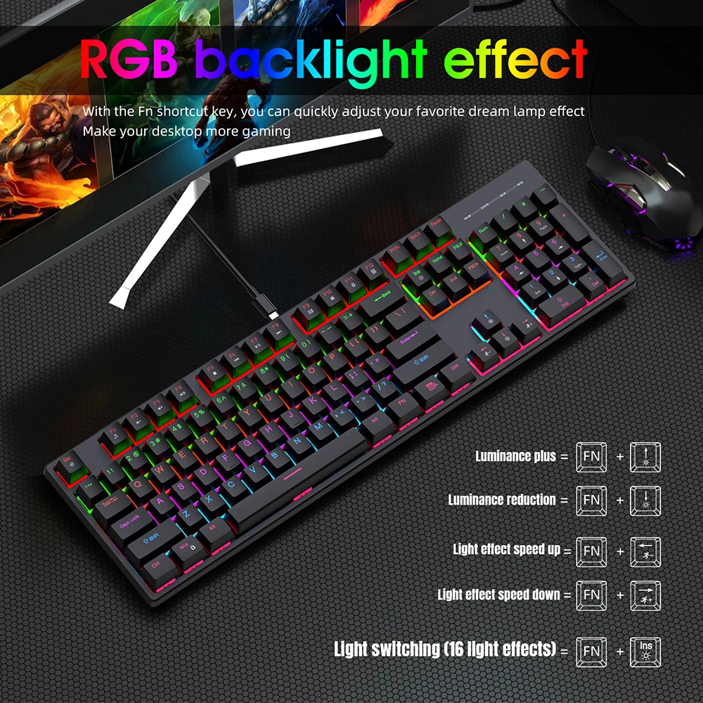 KEBIDUMEI 104 Keys Wired Keyboard RGB Backlit Gaming Mechanical Keyboard Detachable Cable Ergonomic Keyboards For Laptop Gamer - 2