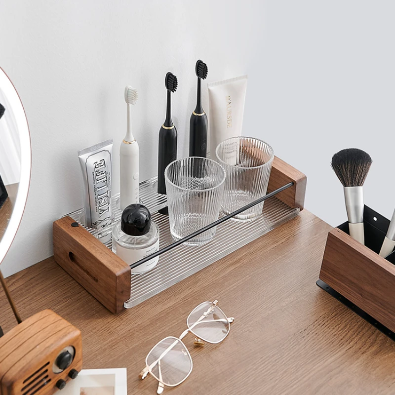 

Acrylic & Wood Toothbrush Holder Bathroom Countertop Organizer for Toothpaste Vanity Accessories Modern Compact