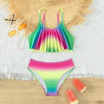 여아용 비키니 세트, 러플 수영복, 탱키니 수영복, 7-14 Y 주니어 수영복, 투피스 타이 다이 비키니 세트