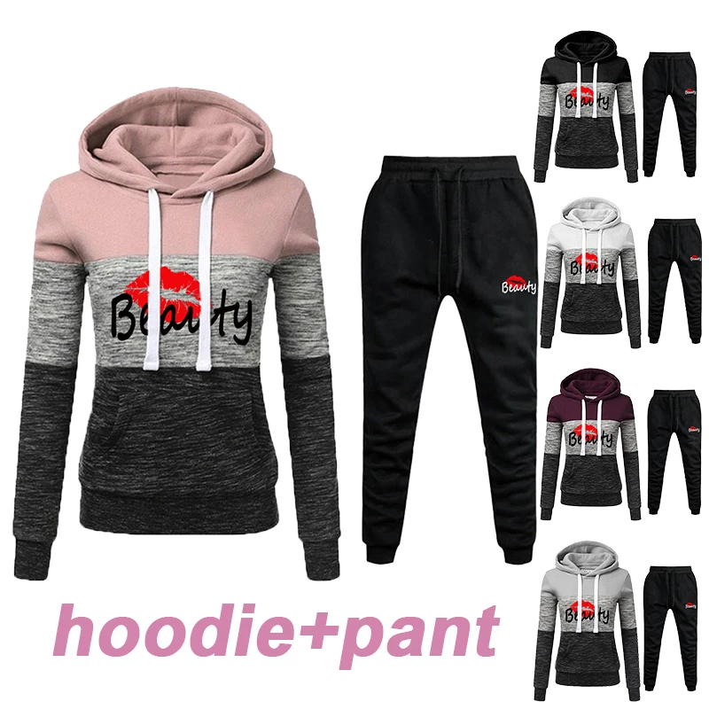 Fashionable women's sportswear jogging wear women's tricolor sweatshirt hooded sportswear set hooded and sweatpants sportswear