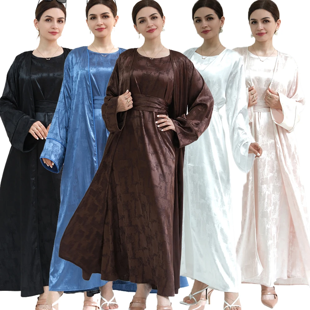 

2 Piece Satin Abaya Kimono Matching Muslim Sets Long Sleeve Open Abayas for Women Dubai Turkey Inner Dress Islamic Modest Outfit