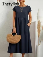 Women Elegant Solid Maxi Dress Summer Short Sleeve O Neck Vintage Harajuku Cotton Linen Loose Sundress Y2K Pockets Long Dress - Image 4
