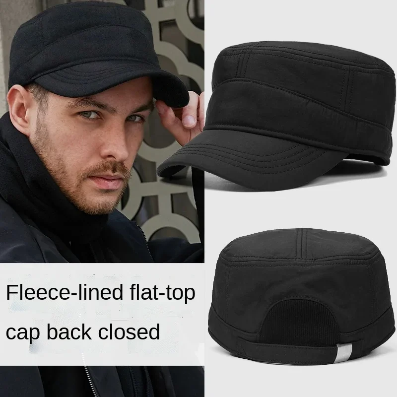 Hat Men's Winter Baseball Cap Plush Thickened Large Head Circumference Flat Trucker Cap Military Back Closure Dad Hat