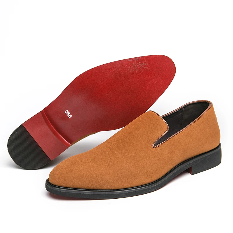 

New Yellow Loafers for Men Red Sole Flock Black Round Toe Solid Slip-On Men Dress Shoes Business Free Shipping Size 38-46