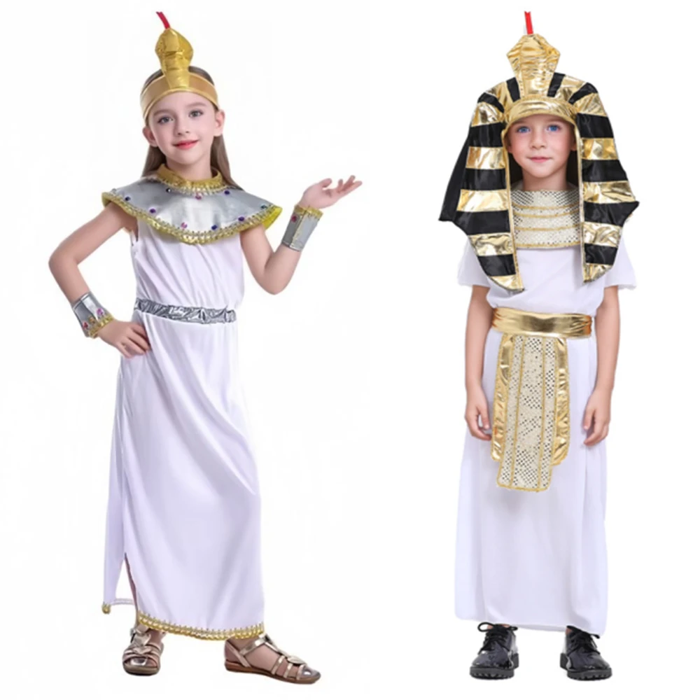 

2024 Kids Halloween Cosplay Costumes Ancient Egypt Egyptian Pharaoh Cleopatra Dress Cosplay Prince Princess Fancy Carnival Party