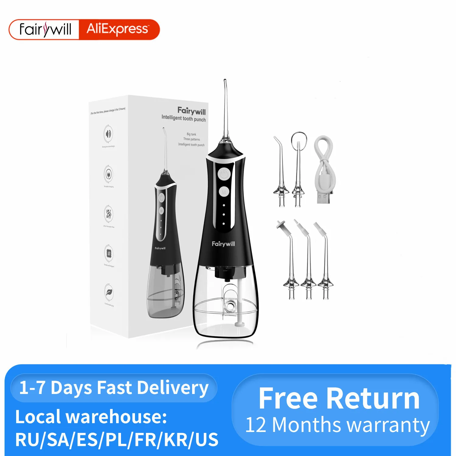 Fairywill Oral Irrigator Portable Water Flosser Dental Teeth Cleaning Waterproof USB Charge With 5 Jets For Braces, Travel