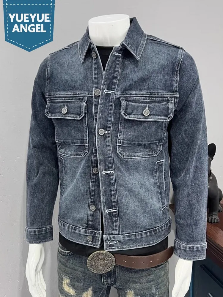 

Men Single Breasted Multi Pockets Denim Jacket Lapel Collar Slim Fit Safari Style Work Coat Vintage Autumn Cowboy Outwear Jacket