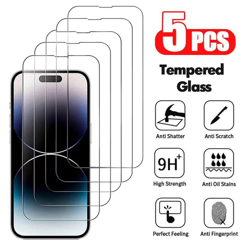 

5pcs Tempered Glass For iPhone 14 13 12 11 Pro Max Screen Protector For IPhone 6 6s 7 8 15 Plus SE X XS XR 14Pro Glass Film