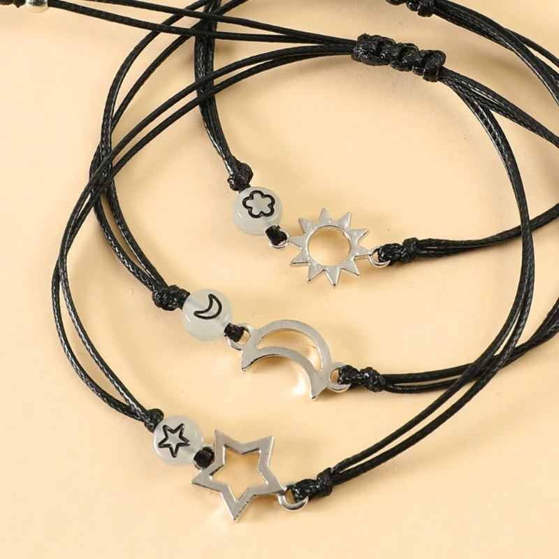 Moon Star Luminous Bead Bracelet Relationship Woven Bracelets Adjustable Friendship Jewelry for 3 Best-Friend fashion bracelet fashion jewelry