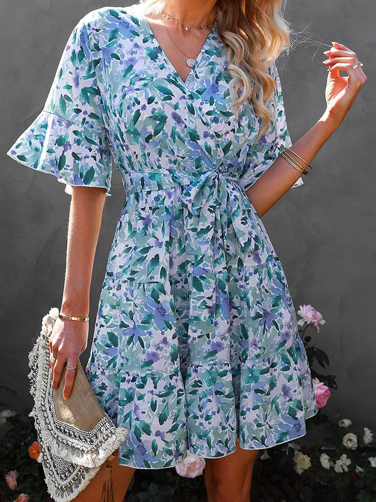 

Floral V Neck Dress Women Summer Ruffles Sleeve Mini Dress Boho Beach Bandage Vintage Sundress Ladies Holiday Spring Short Dress