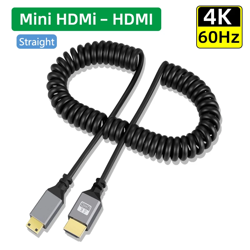 4K@60HZ 0.5-2.0M Micro mini HDMI-Compatible TO HDMI Minihdmi Microhdmi Coiled Extension Flexible Spiral Cable Male to Male Plug
