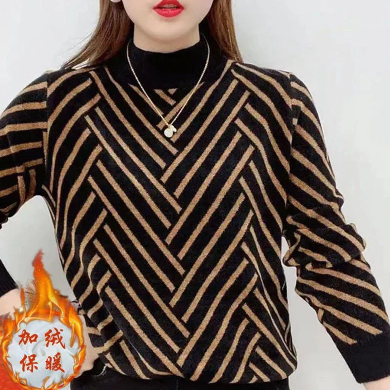 Autumn Winter Half High Collar Vintage Plaid Add Velvet Sweatshirt Female Thick Warm Loose Casual Top Women Oversized Pullovers