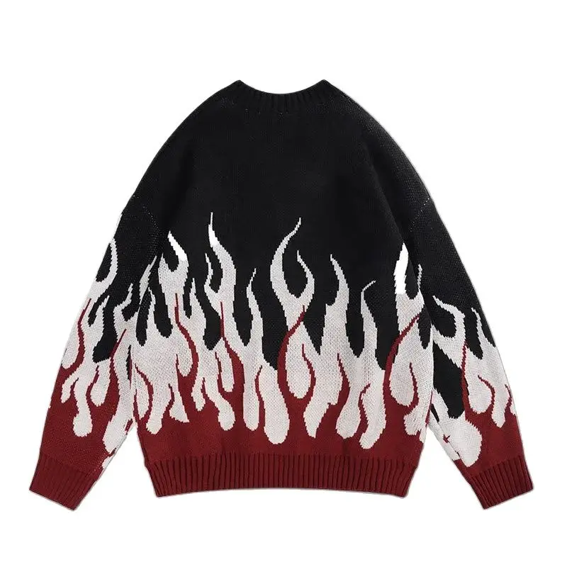 Autumn New American Street Trendy Personality Flame Yarn Weaving Round Neck Loose Knitted Shirt Men's Trendy Brand Sweater