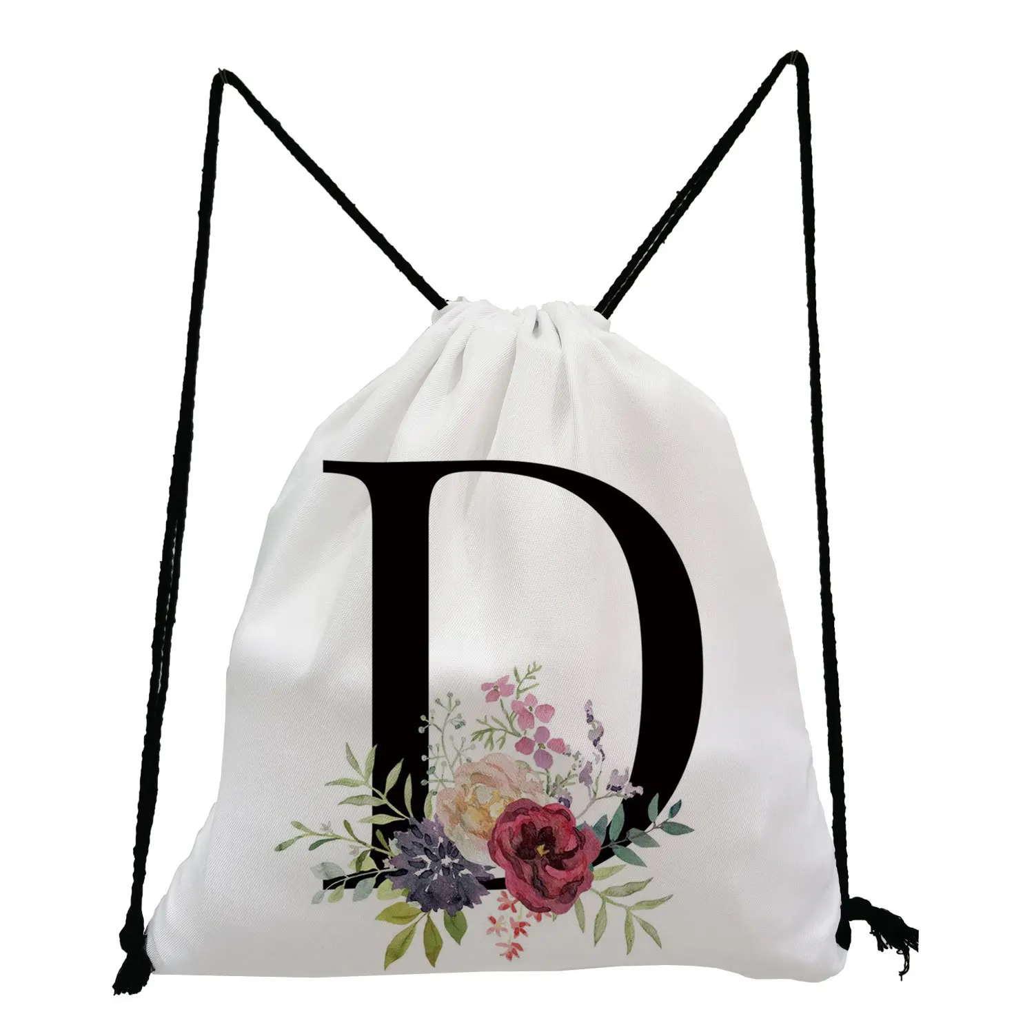 Students Unisex Drawstring Backpack Lightweight A-Z Alphabet Flower Print White Gym Sport Bag with Firm Rope Simple Minimalism