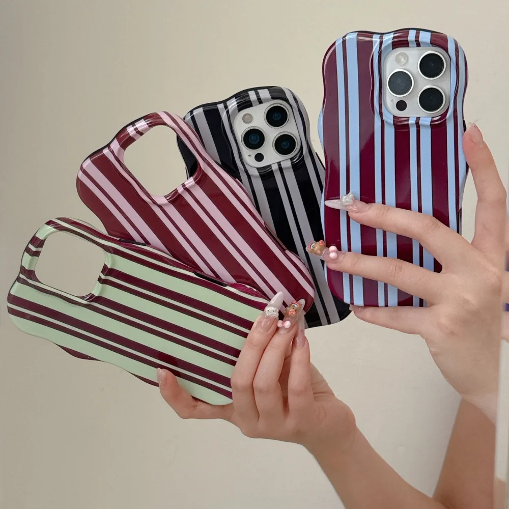 Double Color Collision Wave Stripes Phone Case for iPhone 16 15 14 13 Pro Max 16Pro Curly Border Shockproof Ultra Slim Cover 6