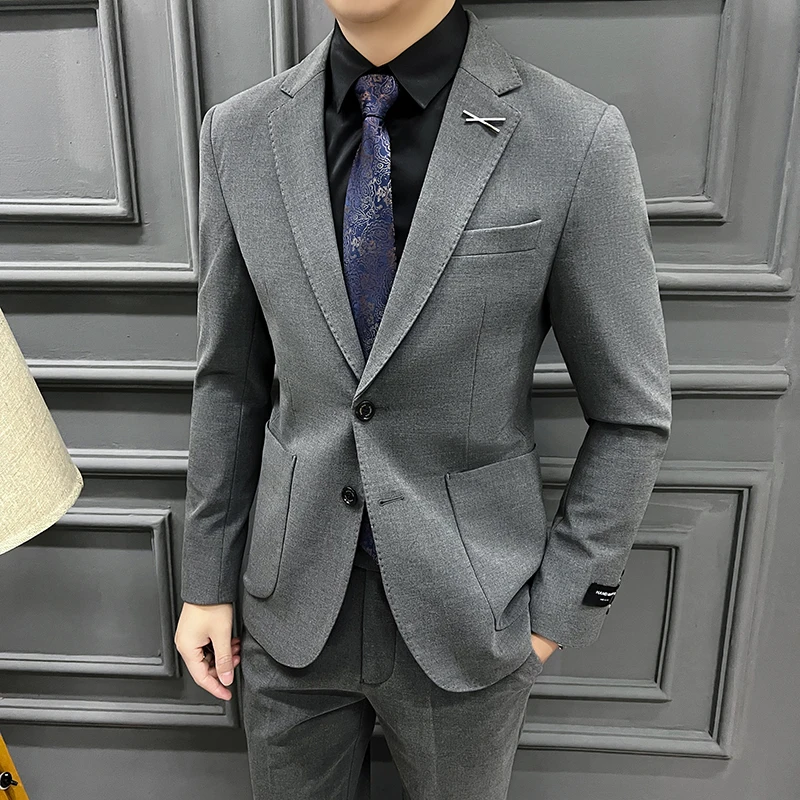 Men's Autumn Winter Chunky Two-Button Formal Two-Piece Set Business Fashion Suit plus Trousers High Quality
