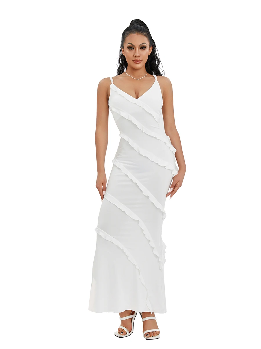 

Women s Elegant White Maxi Dress with Ruffled Spaghetti Straps and Backless Design for Summer