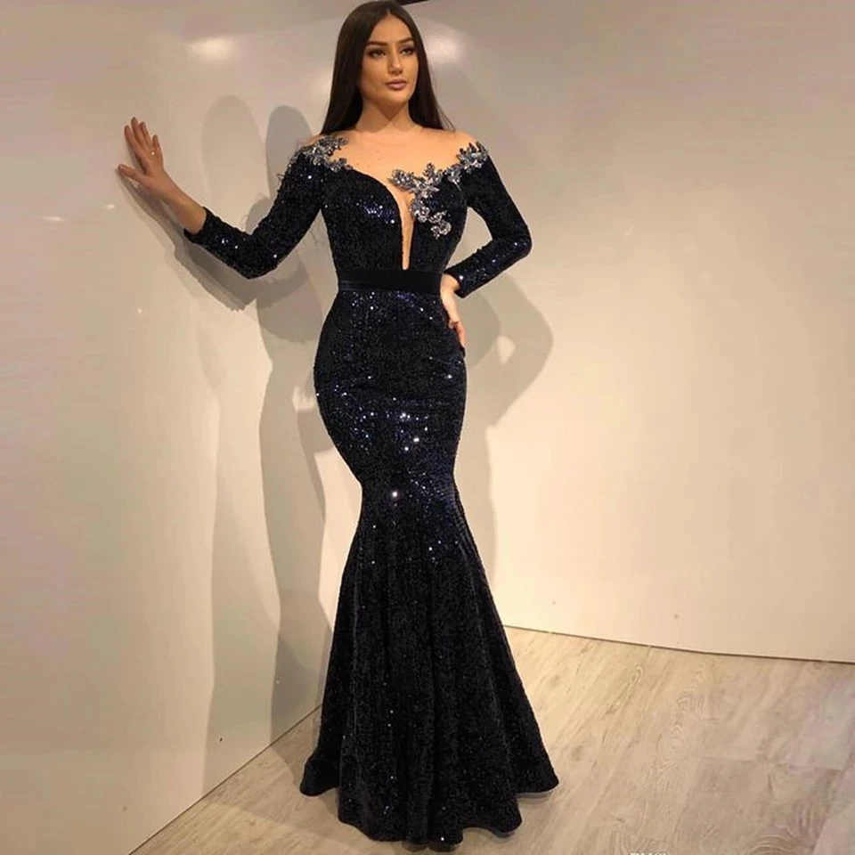 

Navy Blue Sexy Shiny Sequined Long Mermaid Evening Dresses 2022 Women Formal Party Night Full Sleeves Vestidos De Noiva Robe De