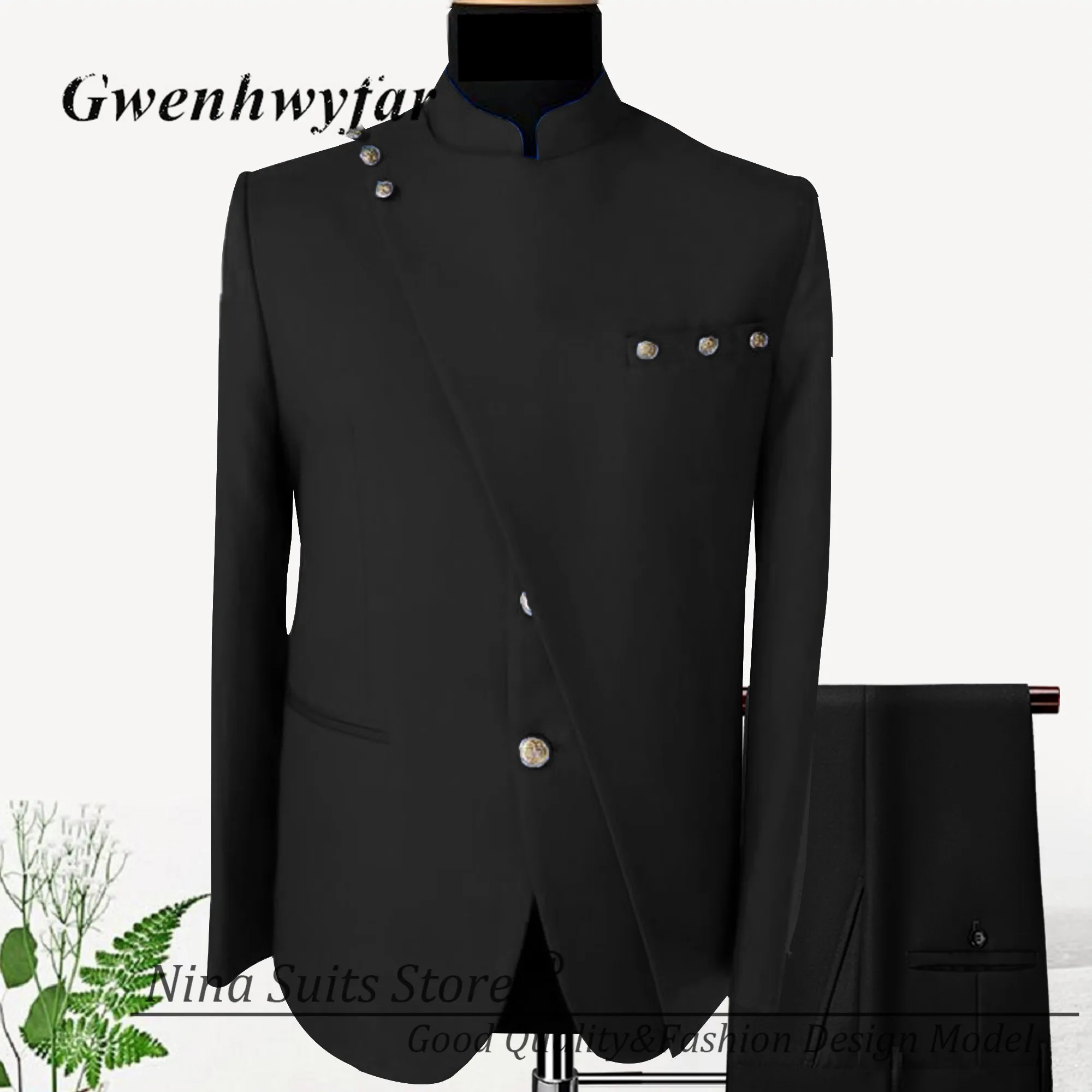 Gwenhwyfar African Design Men Suits Stand Collar Gold Button Patchwork Style Jacket Pant Royal Blue Men Costume