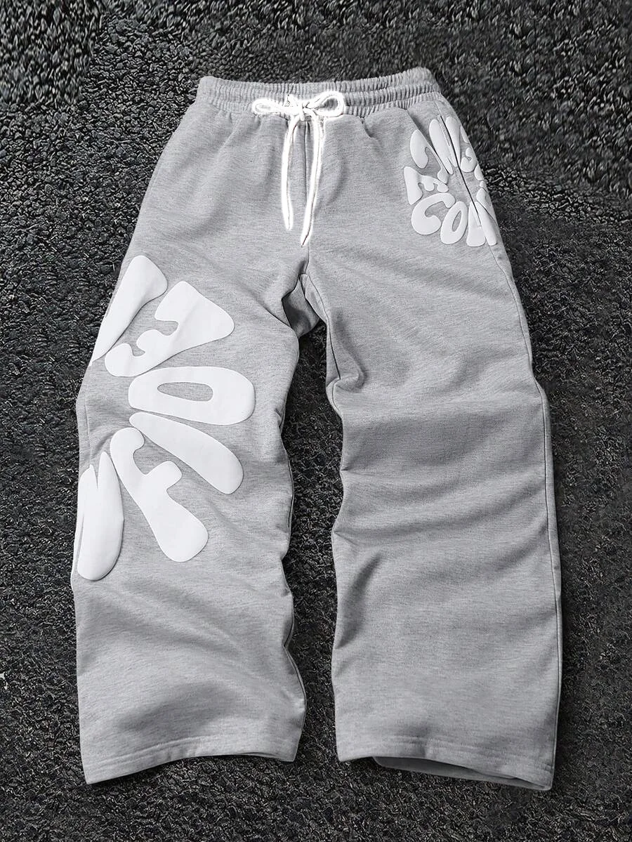 2026 Herren Weiche Loose-Fit-Hose Grau Weiß Bubble-Buchstaben-Print Kordelzug Elastischer Bund Atmungsaktive Lässige Streetwear-Hose