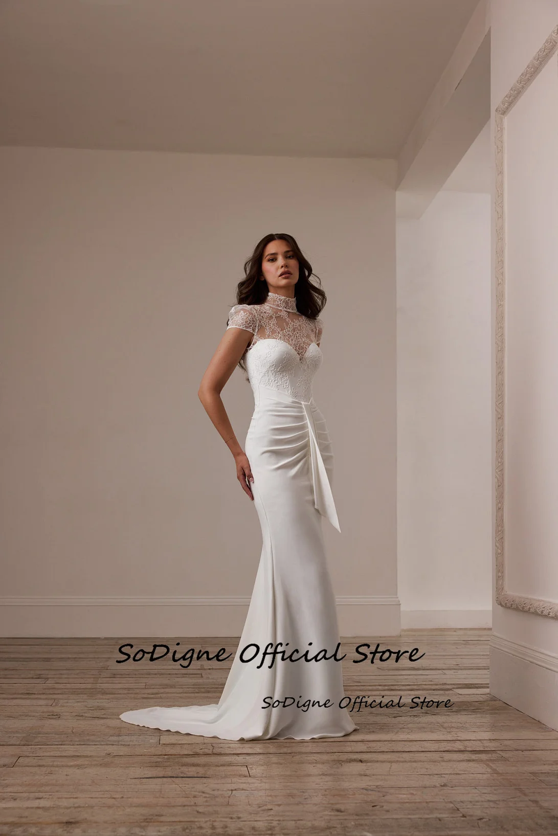 SoDigne Mermaid Lace/Satin Bride Dresses High Neck Short Sleeves Wedding Dress Long Bridal Gowns vestidos de novia Customized 12 S796c25f486854d0c94567fedef75c961v