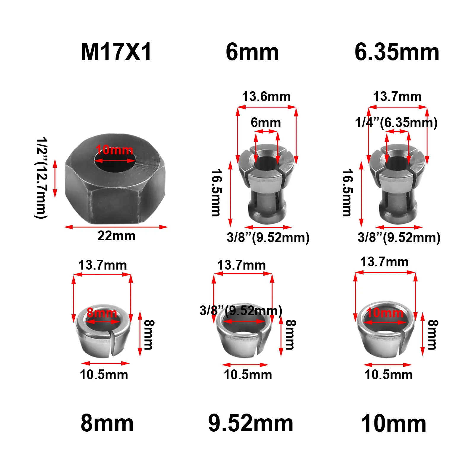 

M17 Engraving Machine Collet Chuck Adapter Electric Router Milling Cutter Conversion Handle Accessories 1/4 10/9.5/8/6.35/6mm