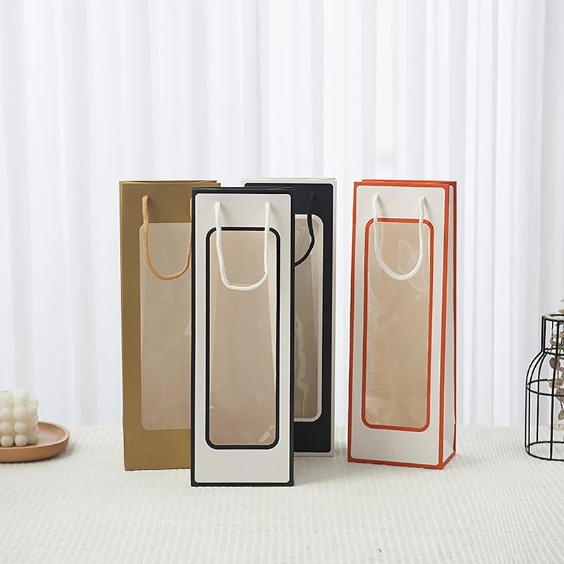 Single Bottle Kraft Paper Wine Gift Bag with Transparent PVC Window, Reusable Rectangul... - SKU KPWB2208 - UGI Packaging