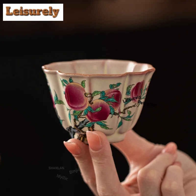 Hand Painted Nine Peach Ru Kiln Flower Mouth Teacup Ancient Tea Bowl Jug Tea-tasting Meditation Cup Jianzhan Master Cups Craft