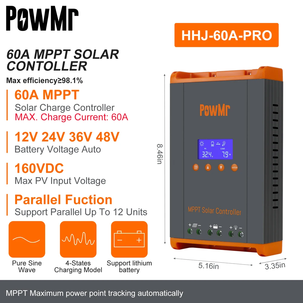PowMr MPPT 60A Solar Charge Controller Parallel Version for 12V 24V 36V 48V Battery Vented Sealed Gel Nicd Li 160VDC Solar Panel