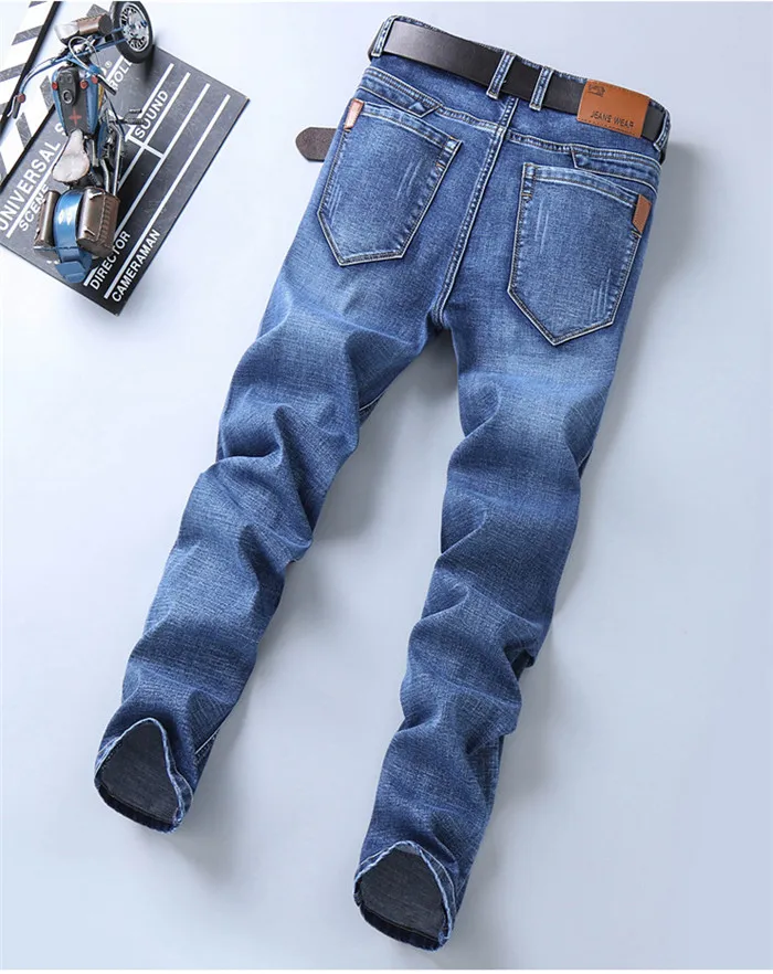 Мужские джинсы высокого качества от известного бренда, Стрейчевые прямые облегающие синие мужские повседневные брюки, длинные брюки 4
