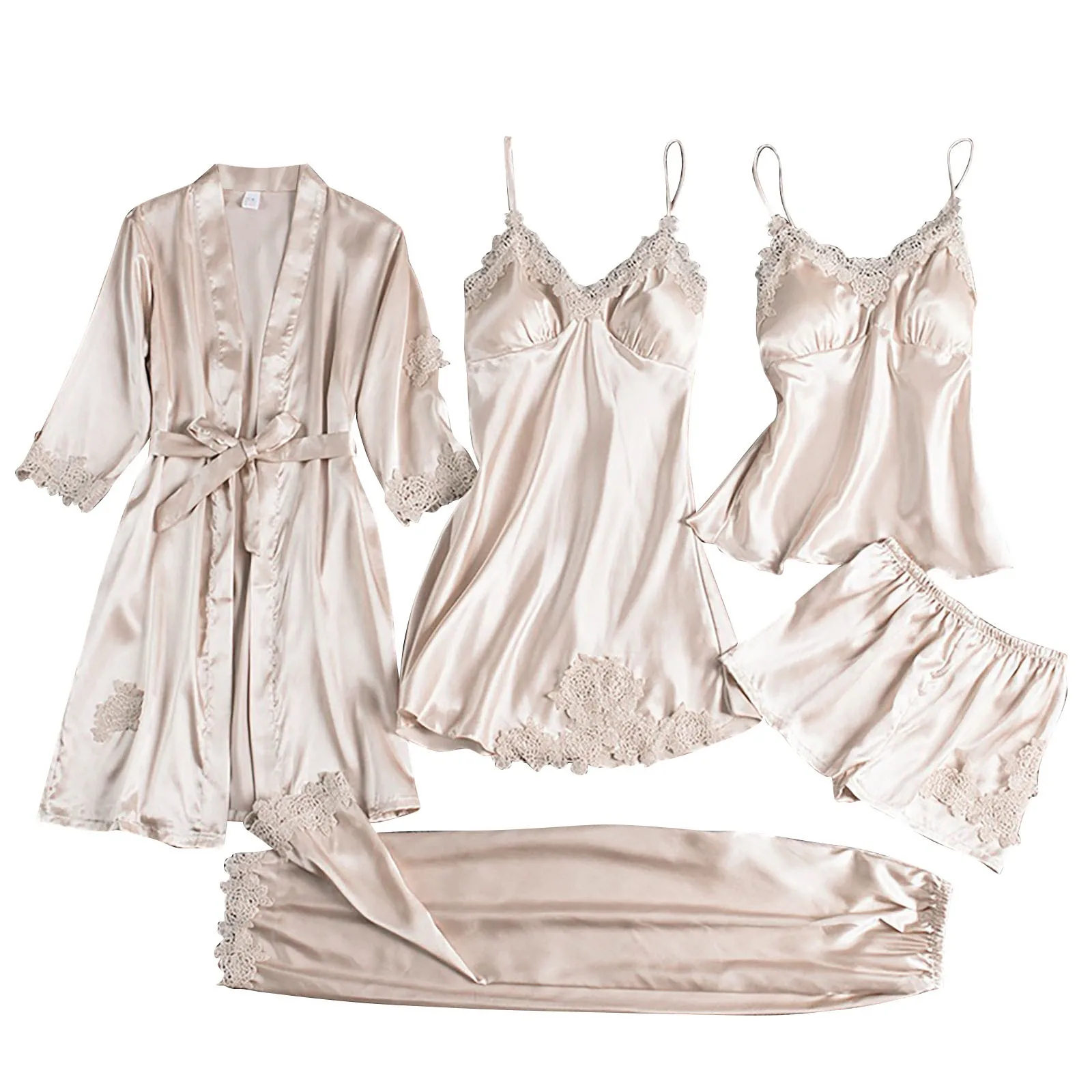 Women Pajamas Set Women Pajama Suit Ladies Satin Pajamas Set 5 Piece Pajamas Silk Like Lace Satin Short Set Ladies Night Gowns for Summer est Night Shirt