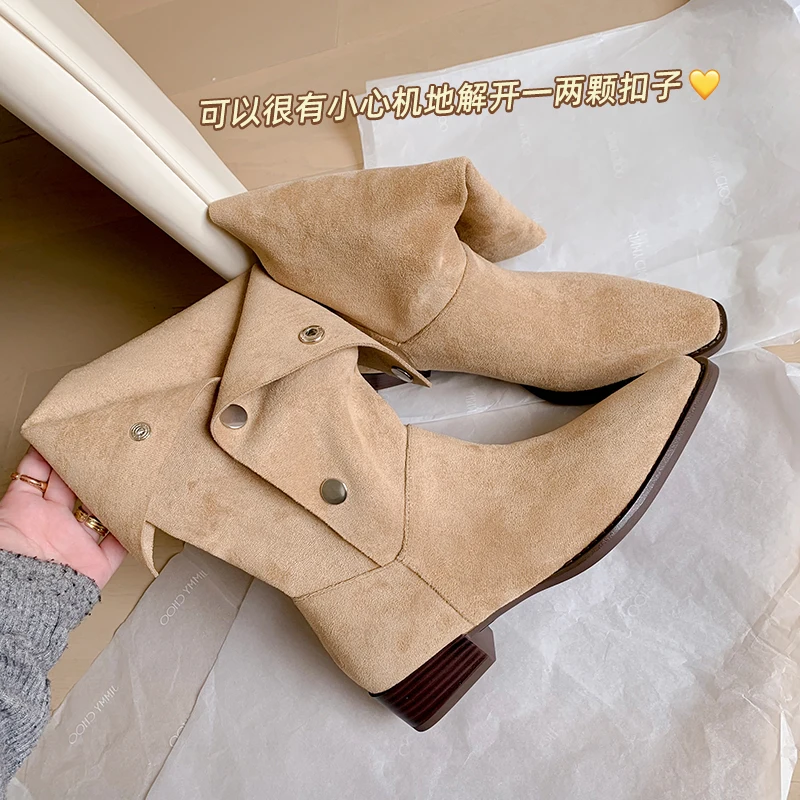 

2023new Autumn winter women mid-calf boots natural leather 22-25cm flock+pigskin modern Boots Two vintage pile boots women shoes