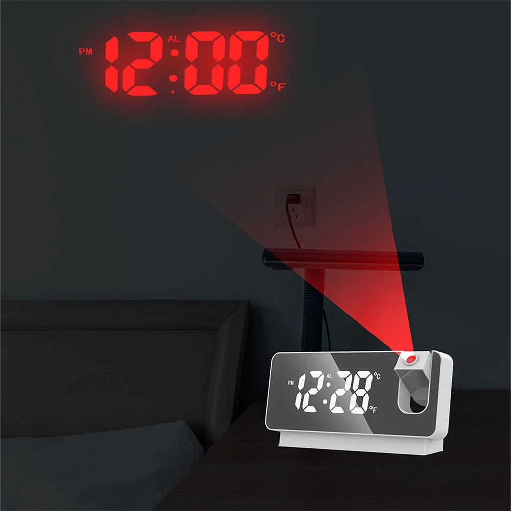 

180° Rotation LED Digital Projection Alarm Clock Date Temperature Display USB Charging Time Projector Bedroom Desktop Clock