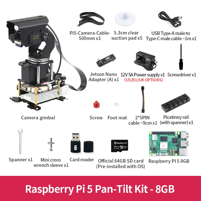 Pan Tilt Camera Kit Raspberry Pi Kit de Cámara Pan-Tilt para Raspberry Pi 5, Pi 5 1/2/4/8/16GB, 360 ...