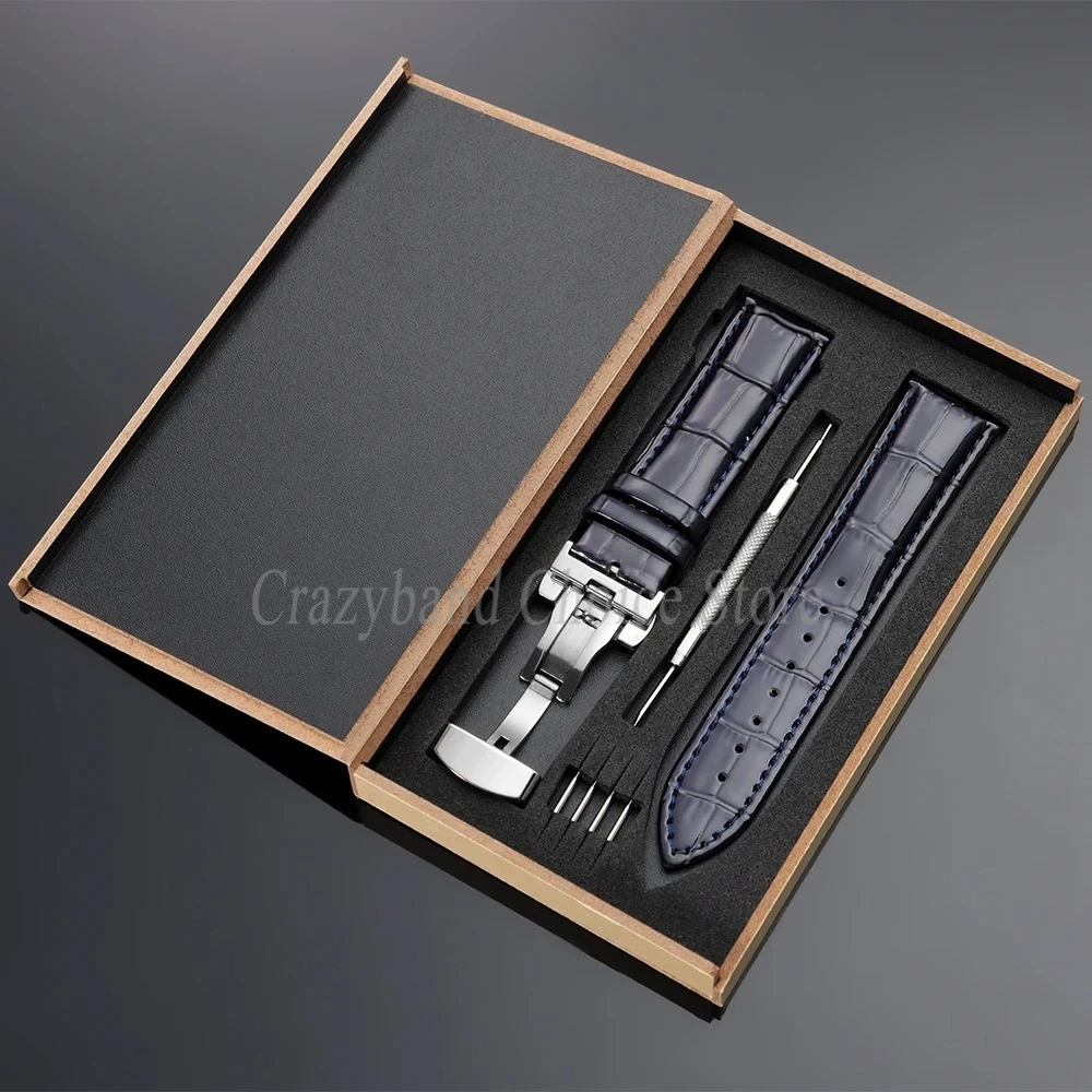 Elegant Leather Watch Strap with Metal Butterfly Clasp and Wooden Box (14mm-22mm)