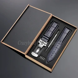 Elegant Leather Watch Strap with Metal Butterfly Clasp and Wooden Box (14mm - 22mm) - 22mm (Blue - Silver)
