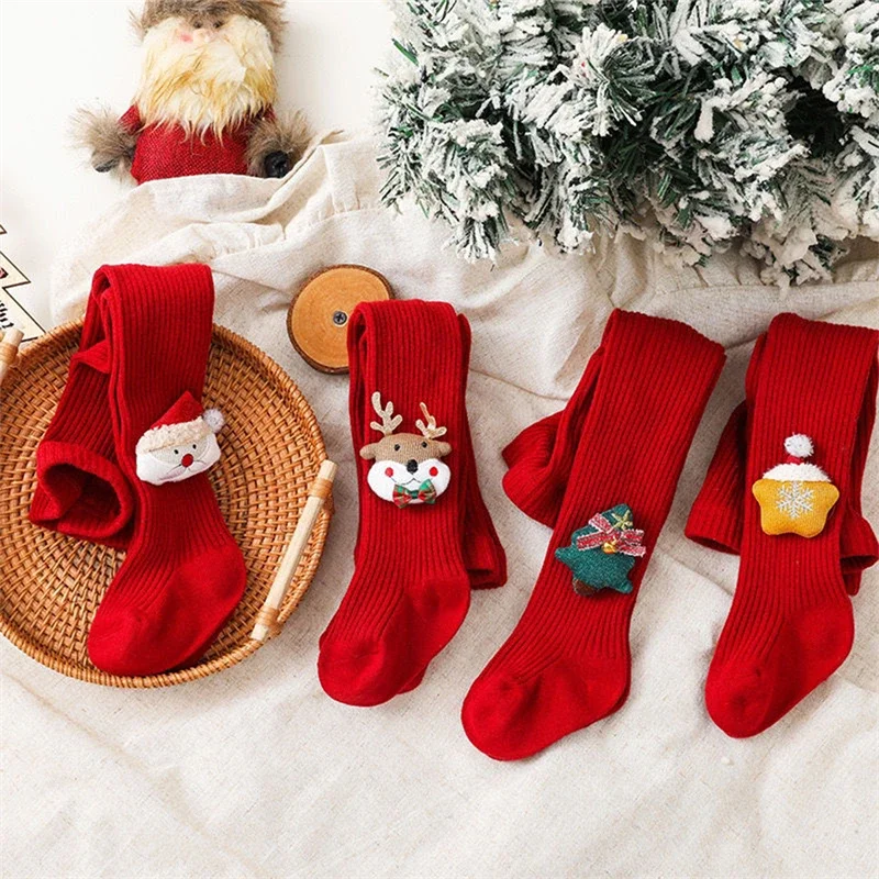 Baby Cartoon Leggings Christmas Soft Cotton Girls Red Stocking Newborn Baby Children's Bottomed Pantyhose New Year Gifts Tights