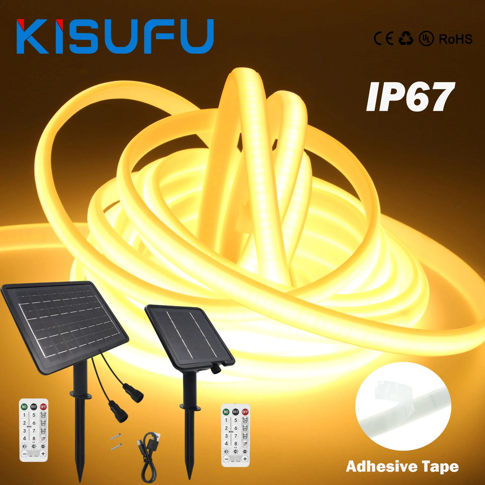 1.3W/2.8W/6W/13W 태양광 COB LED 스트립 조명, 리모컨으로 밝기 조..