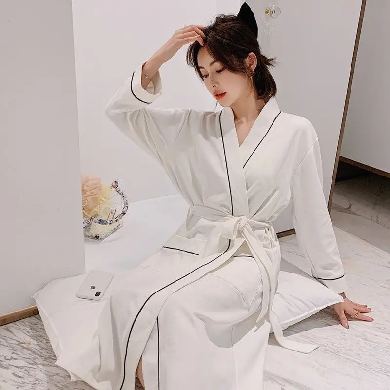 Plus Size Women's Bathrobe Long Sleeve Cotton Sleepwear Couple's Robe Loose Lounge Home Clothes Men Pajama Night Gown M-3XL