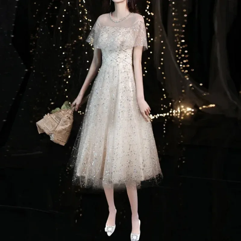 Sparkling Champagne Prom wedding party dress Off The Shoulder A-line Elegant Slim Evening Dresses Bridesmaid  vestido de festa