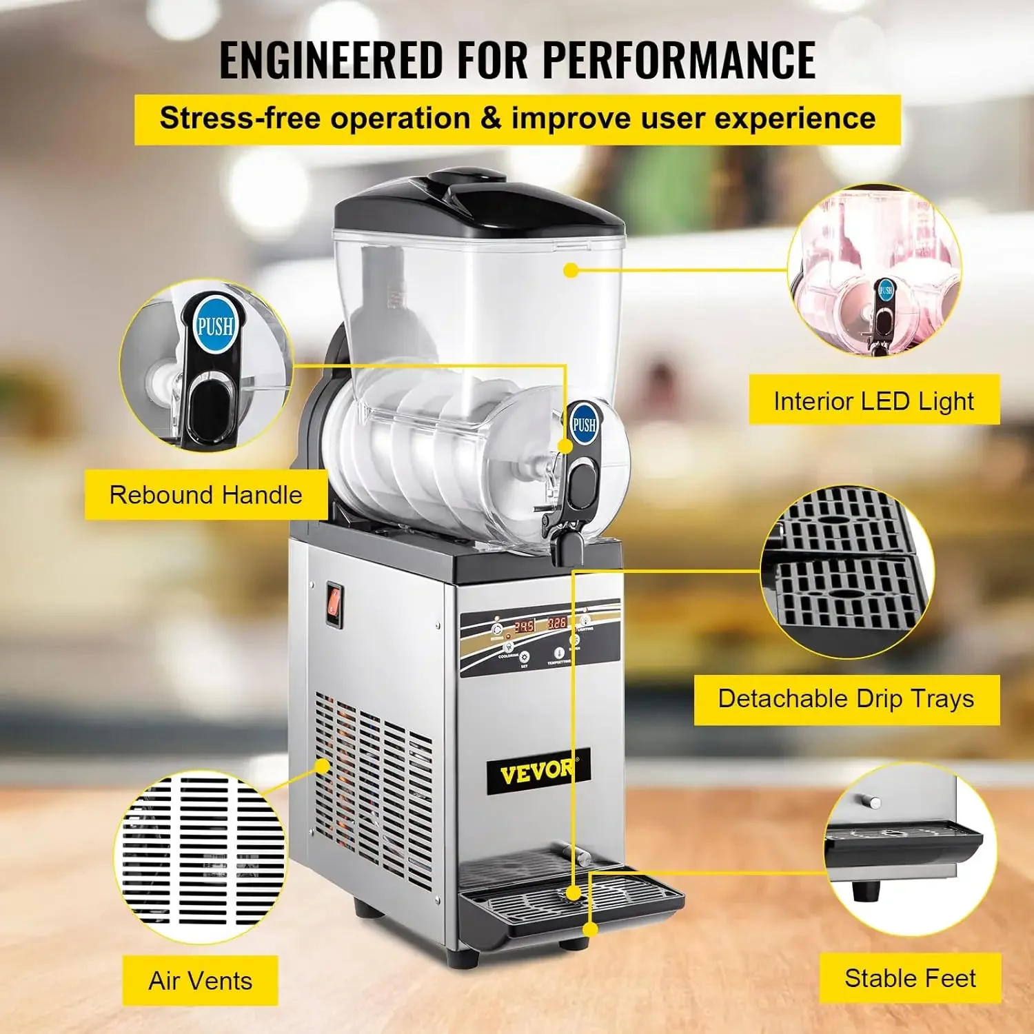 Commercial Margarita Machine, 1Tank 15L Commercial Slushy Machine, Stainless Steel Smoothie Frozen Drink Maker, 500W 110V 6