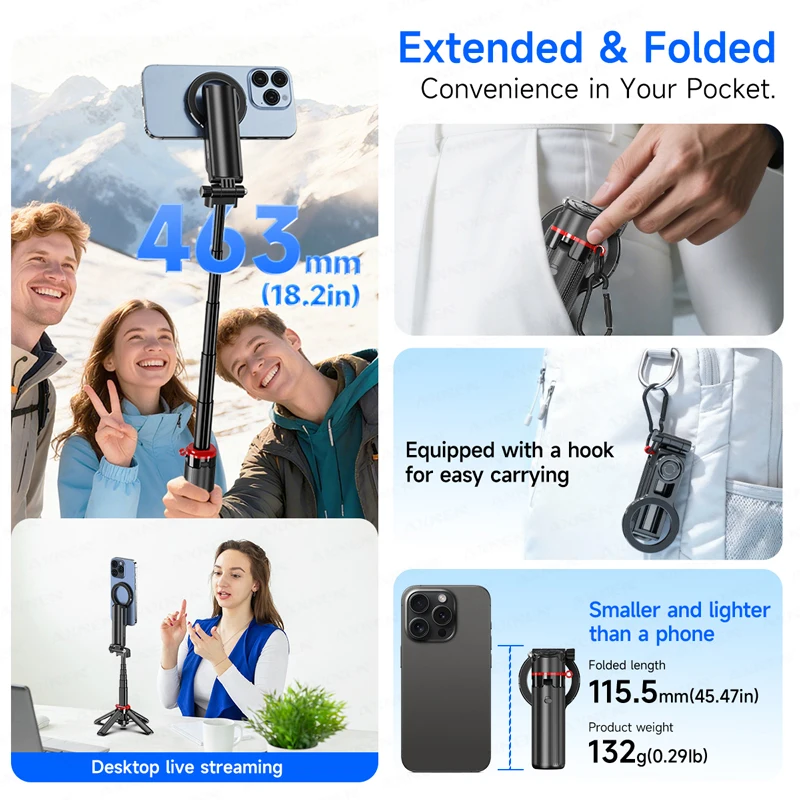 Magnetic Pocket Selfie Stick Desktop Mini Tripod 360° Rotating Phone Holder With Wireless Bluetooth Remote For_voghion.com