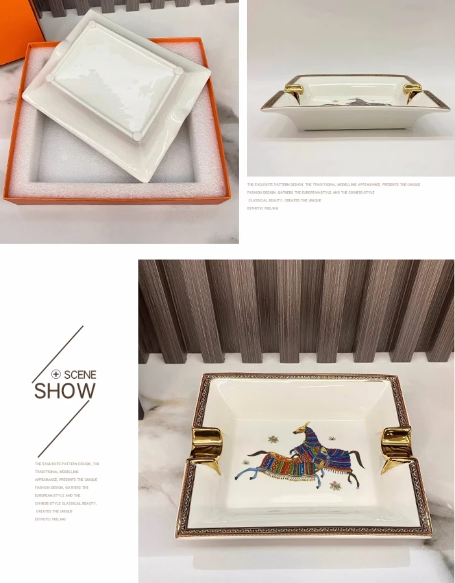 Luxury Ceramic Cigar Ashtray With Gift Box Package Warhorse Pattern Ash Holder Cigarette Holders 2/4 Grooves Available ceramic ashtray