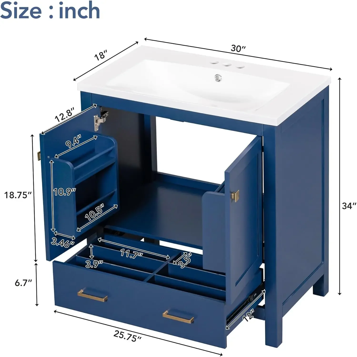 Bathroom Vanity with Sink 30 inch, Bathroom Storage Cabinet with 2 Doors and a Drawer, Bathroom Sink Multifunctional Storage 2