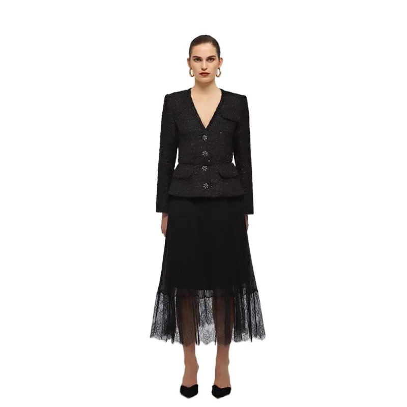 

Women black Tweed Wool Jackets Handmade Tailored Elegant Blazer 2023 Spring Autumn Coats New In Coco Style Ladies Outwear Luxury