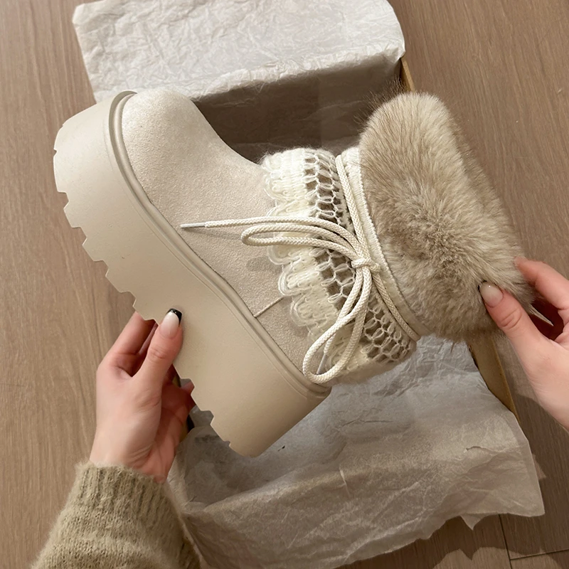 Luxury Bowknot Fluffy Fur Kawaii Snow Boots 2025 Winter Sweet Lace Suede Designer Ankle Boots Warm Plush Woman's Short Booties