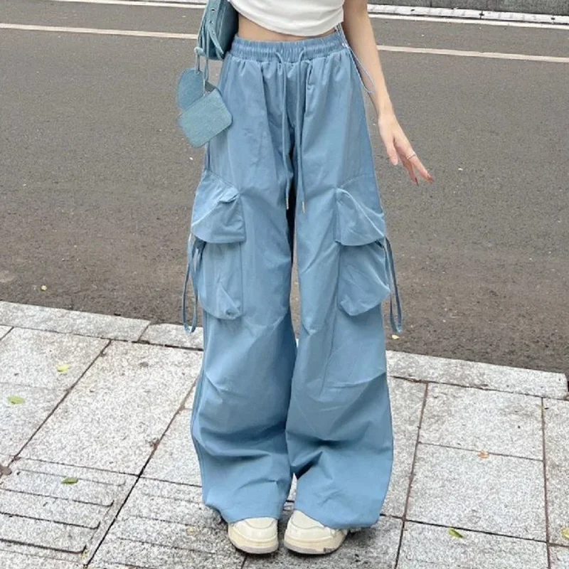 Blue Sweet Embroidered Casual Trousers Women Japanese Versatile Trend Summer High Waist Loose Multi Pocket Wide Leg Cargo Pants
