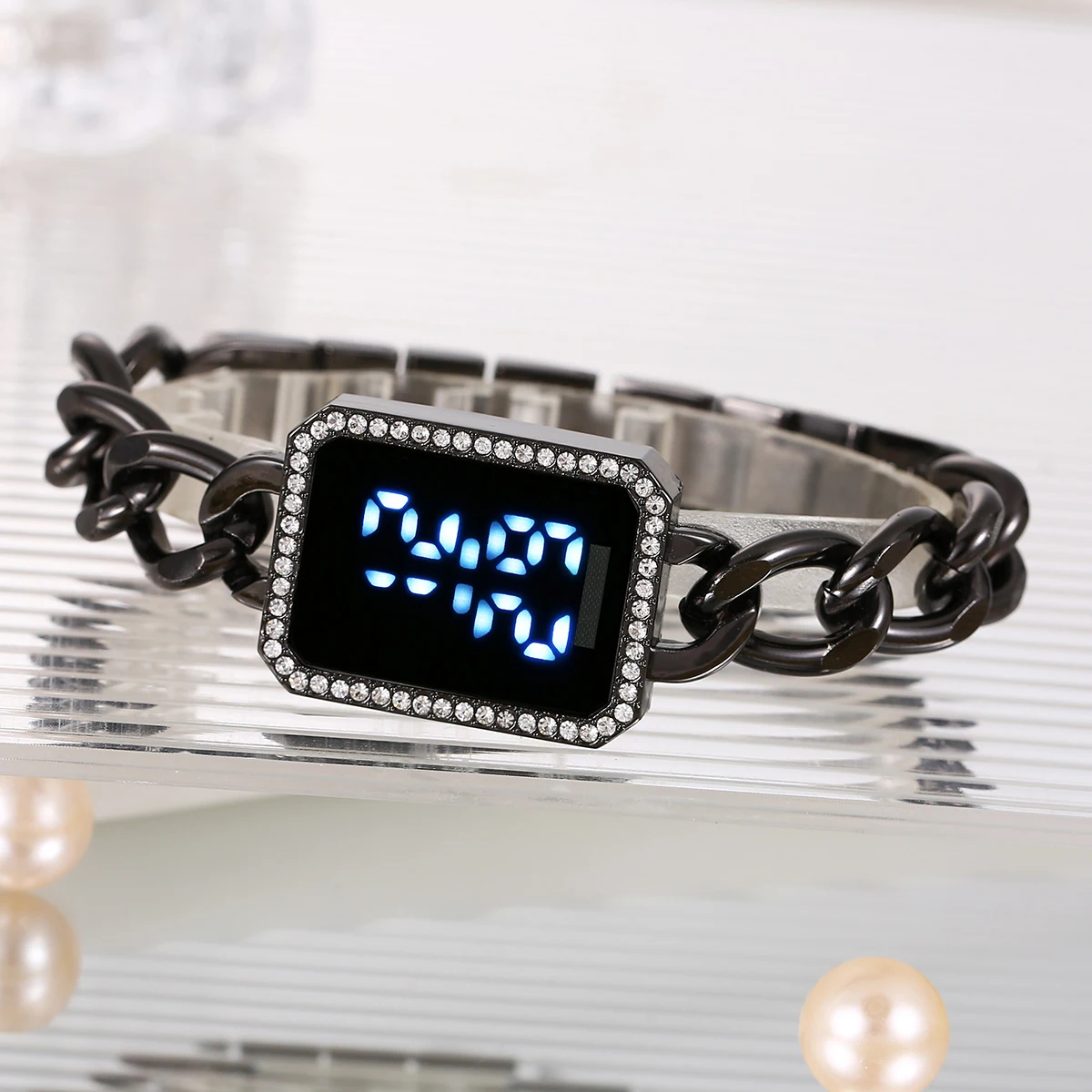 Influencer-Style Diamond-Embedded Ladies' Watch Bracelet Square Touchscreen Simple LED Electronic Watch Trendy Korean Design