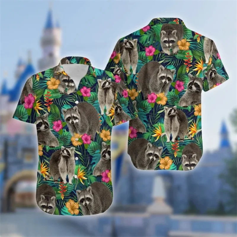 thumbnail image 1 of Camisas hawaianas holgadas y transpirables de manga corta con estampado 3D de mapache y rata para hombre y mujer, para fiestas en la playa, para verano, 1 of 5
