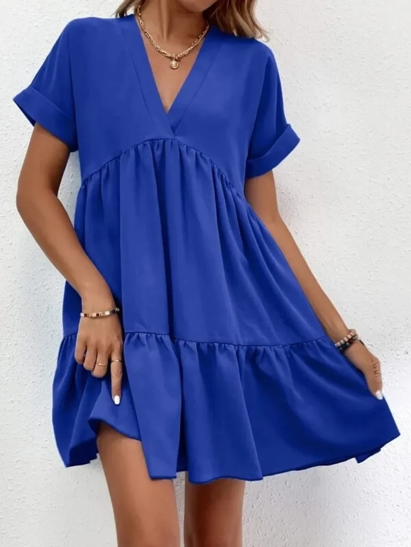 

Summer New Women's Dresses Fresh and Sweet V-neck Solid Color Large Swing Casual Short Dress for Women